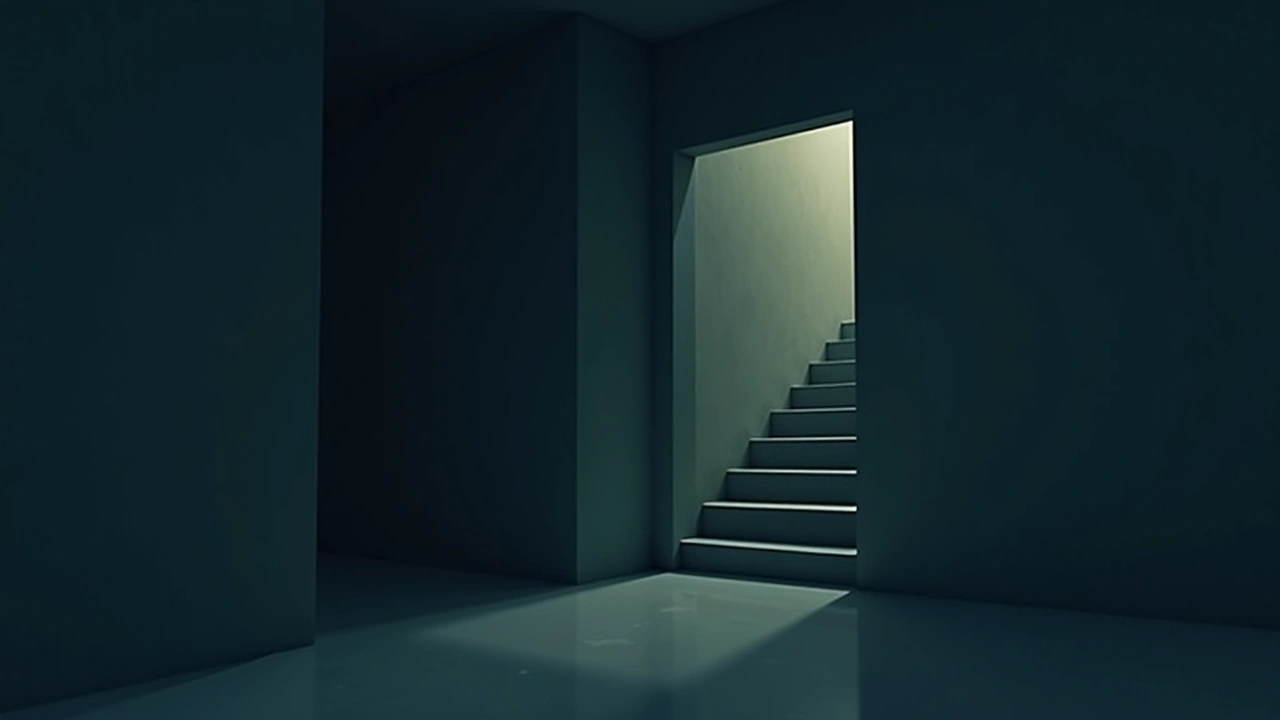 Illustration: a dim, narrow basement stairway lit faintly by a glowing phone screen.