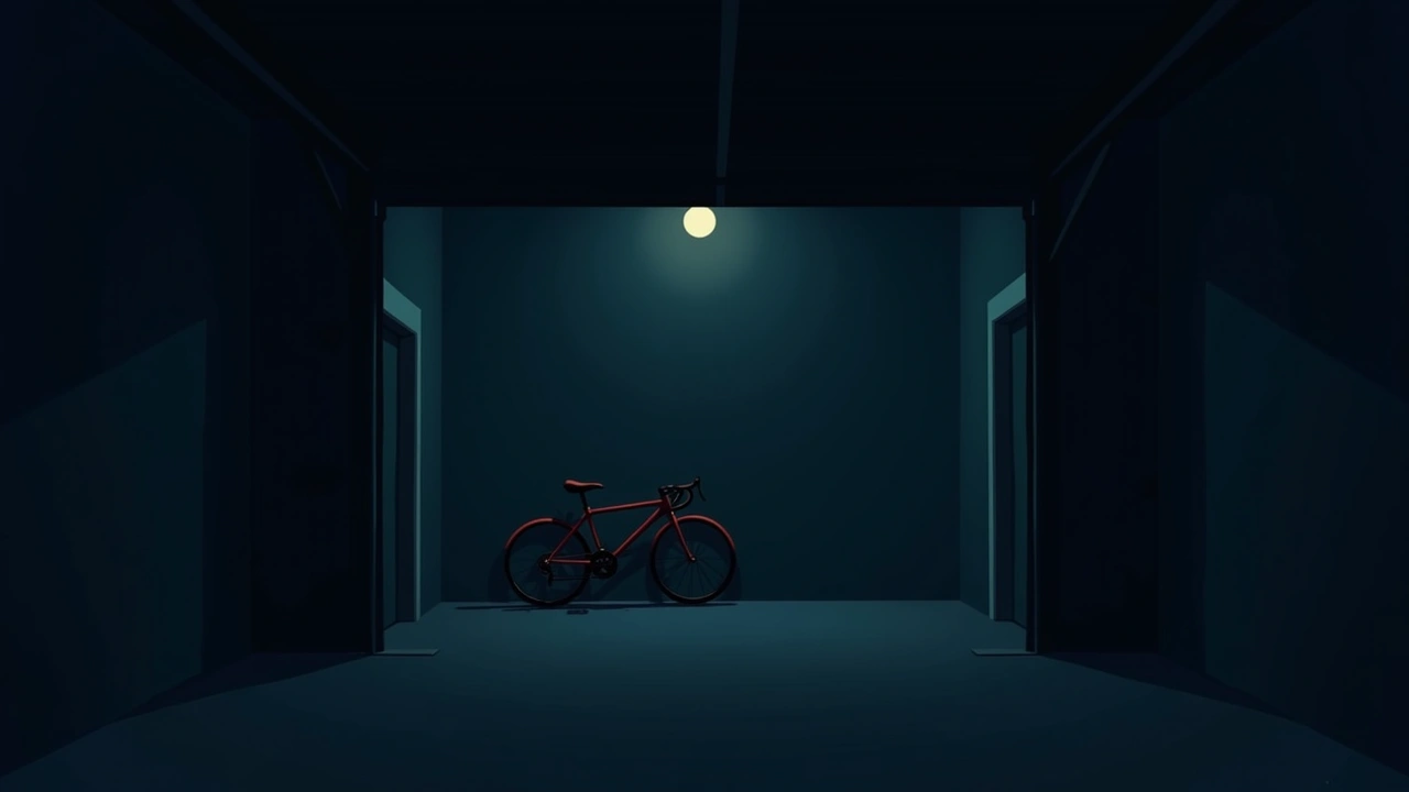 Illustration: a cold, dim garage at night with a bicycle leaning against the wall.
