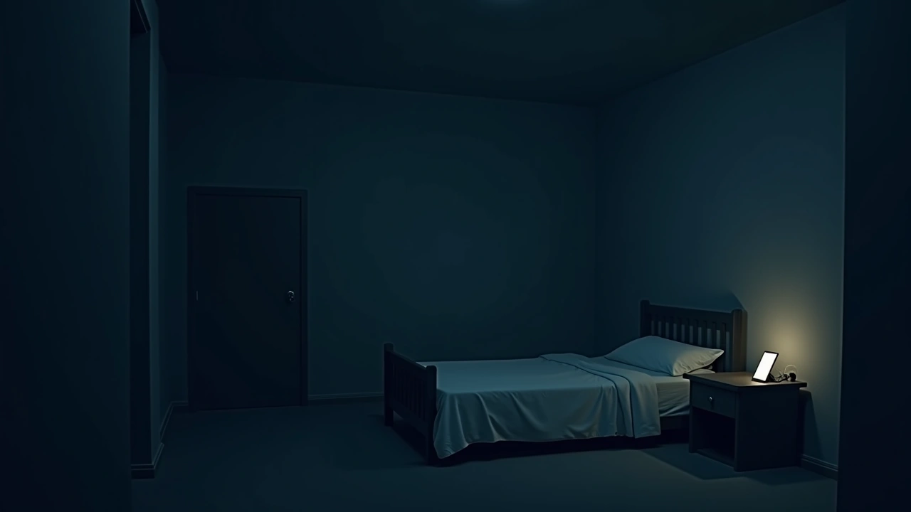 Illustration: a dark bedroom at night, a phone glowing faintly on a nightstand beside an empty bed.