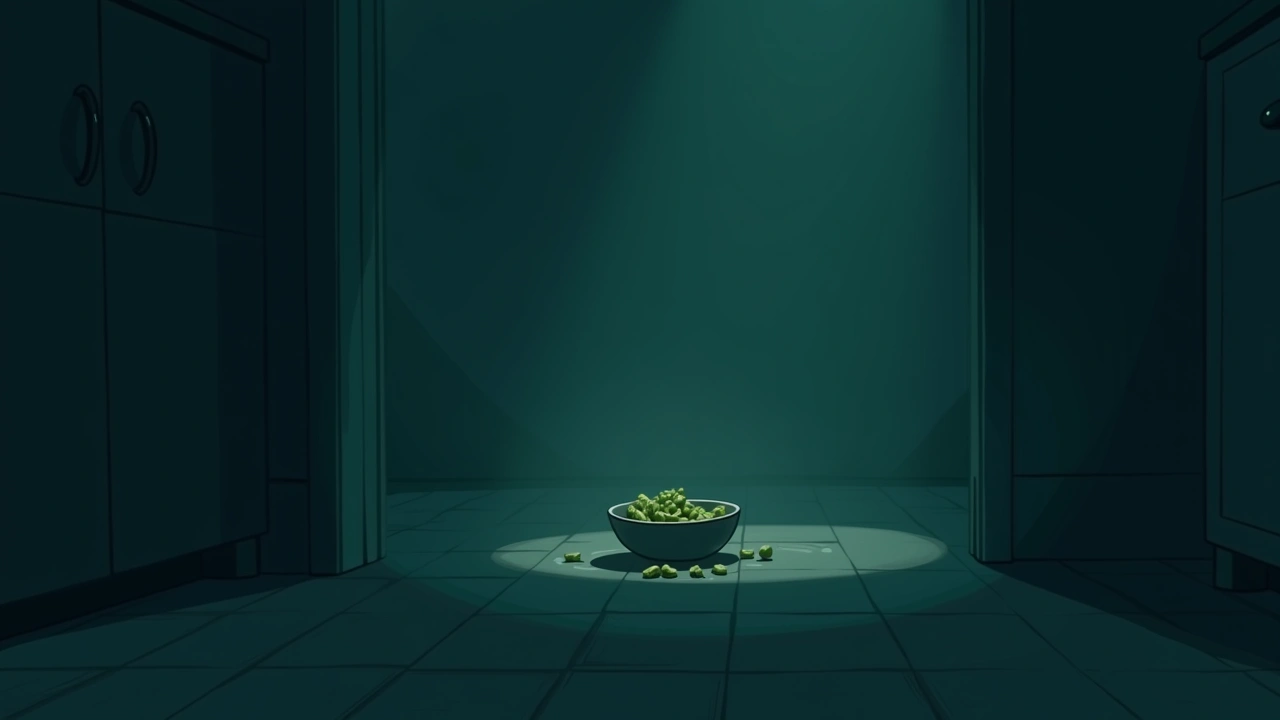 Illustration: a bowl fallen inside a freezer in a dim kitchen at night.