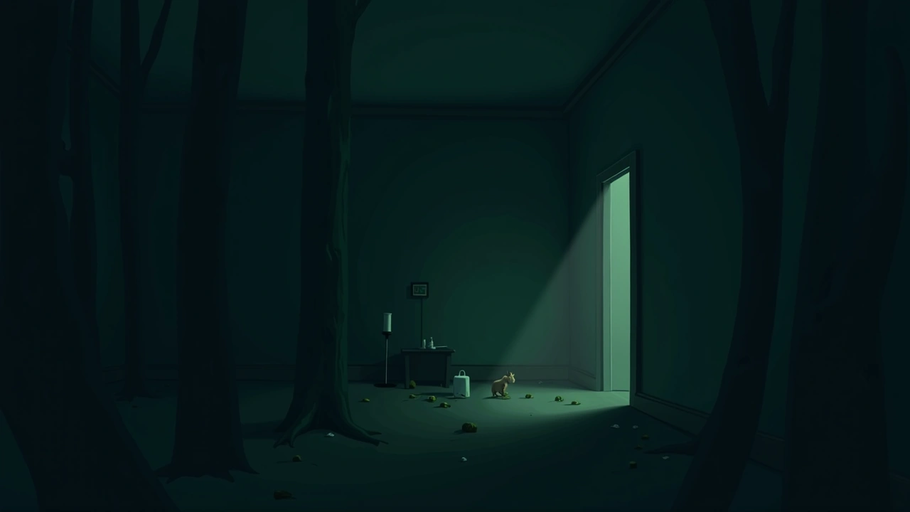 Illustration: a quiet flat interior at night, dim lamplight in the corner.