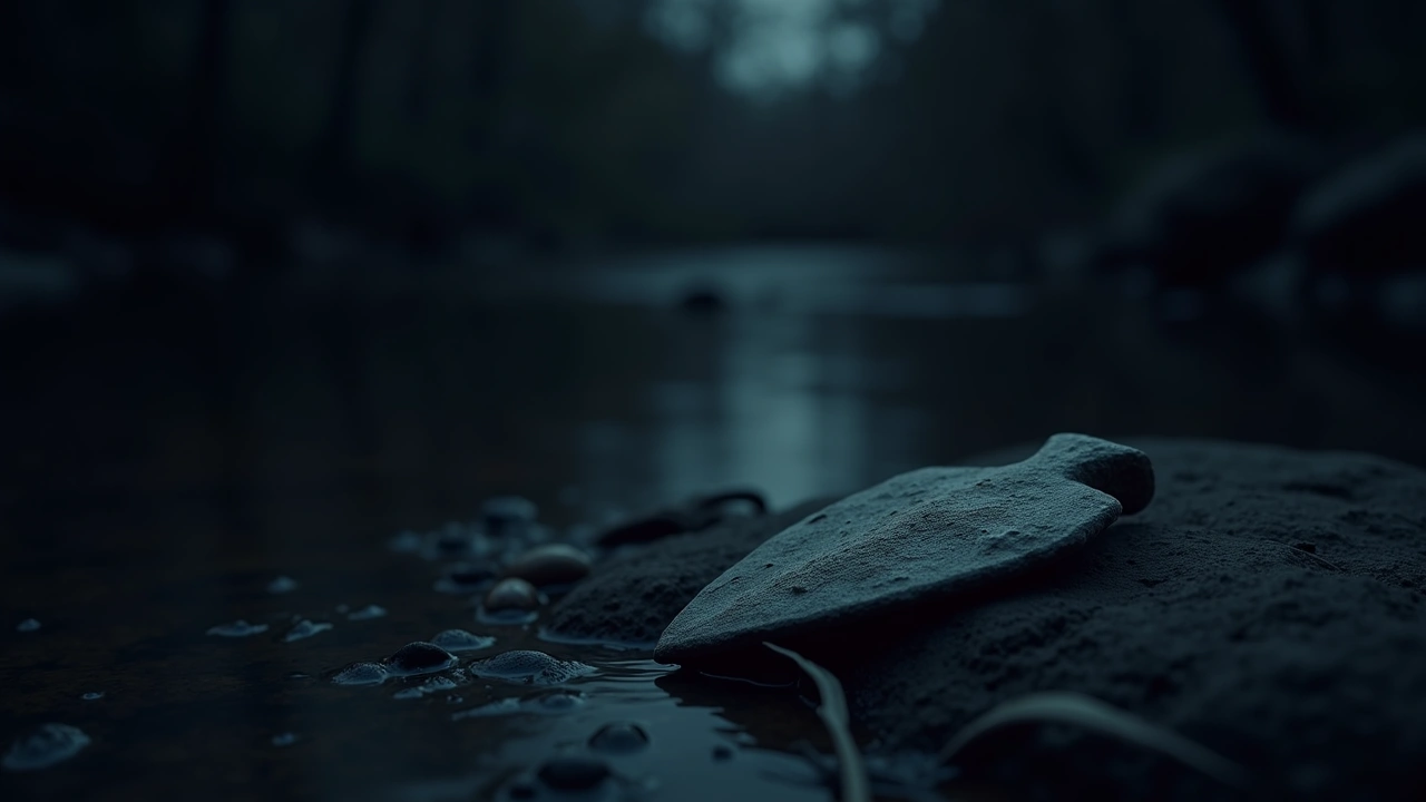 Illustration: a weathered stone arrowhead resting on a creek bed in rural Missouri.