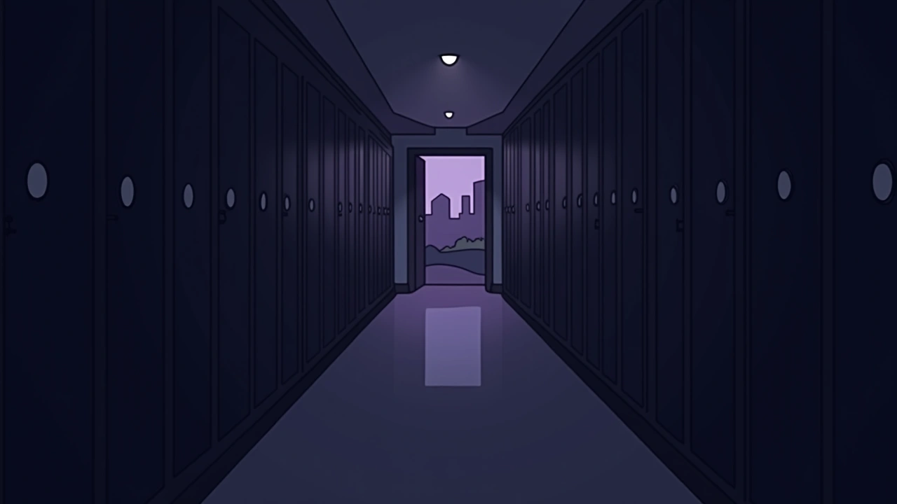 Illustration: a dim, empty school hallway at night with rows of closed lockers.