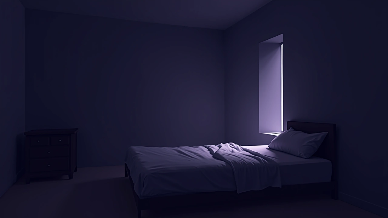 Illustration: a dim bedroom with an unmade bed under low light.
