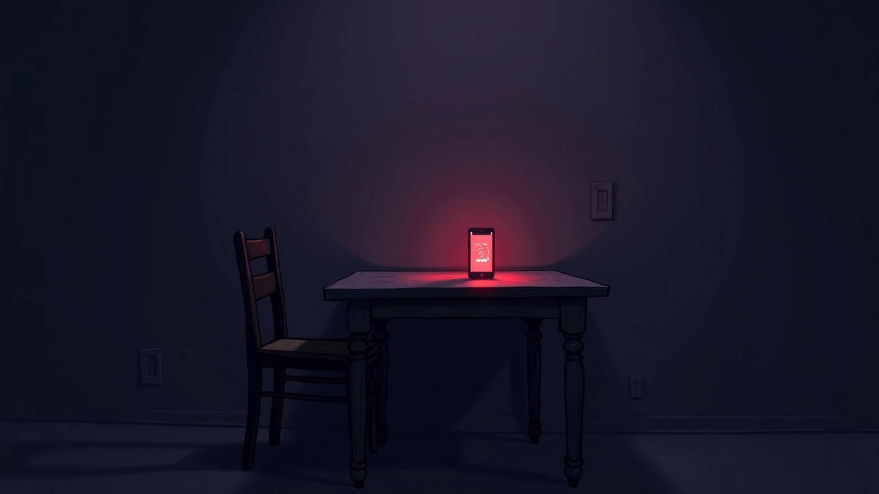 Illustration: a dining table and chair lit by a phone's glowing red meter at night.