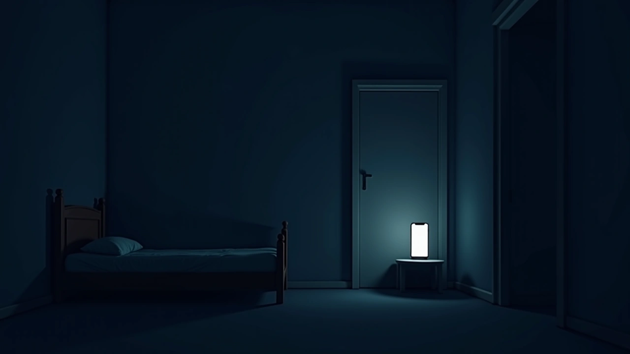 Illustration: A quiet bedroom at night lit only by a phone screen, shadows stretching across the wall.