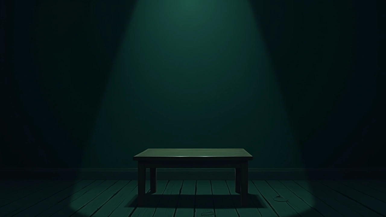 Illustration: a plain wooden table in a dim, quiet room at night.