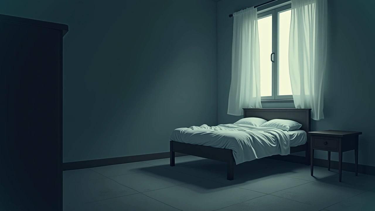 Illustration: a rumpled bed in a dim bedroom, a small table beside it.