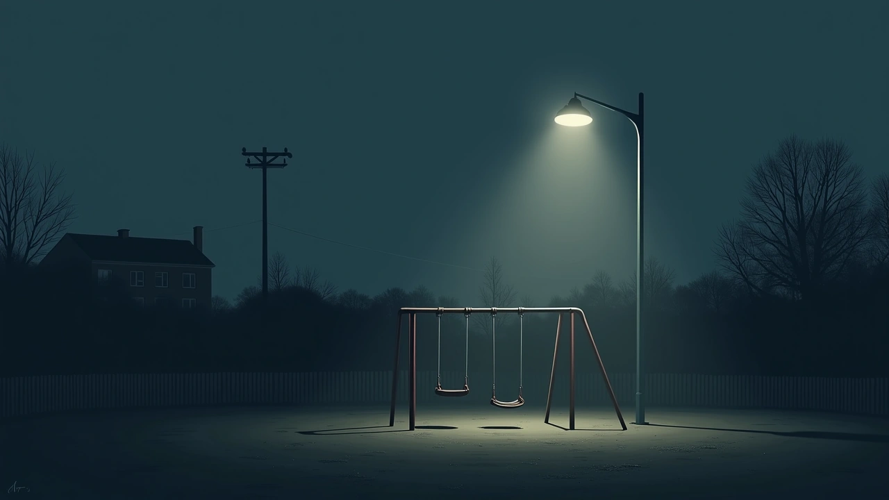 Illustration: an empty schoolyard swing set at night under a streetlight.