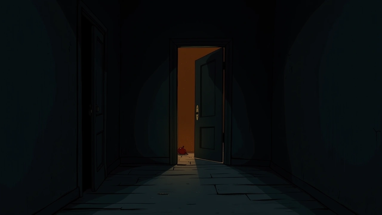 Illustration: the dim hallway of an old house at night, worn floorboards and a half-open door.