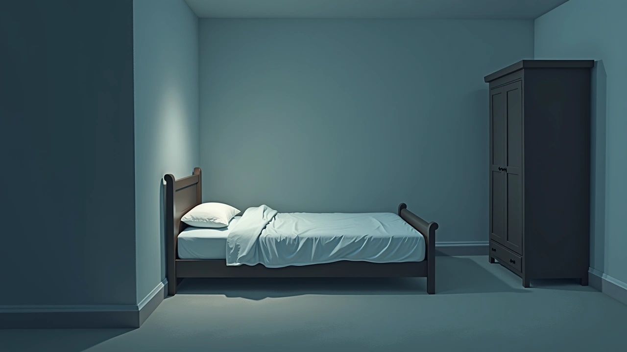 Illustration: a quiet bedroom with an unmade bed, one side untouched.