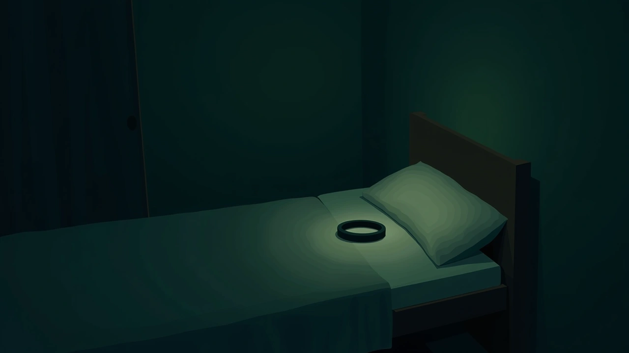 Illustration: a plain bracelet resting on a nightstand in a quiet, dim bedroom.