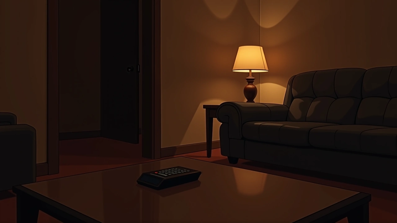 Illustration: a quiet living room in the evening, a phone resting on the coffee table.