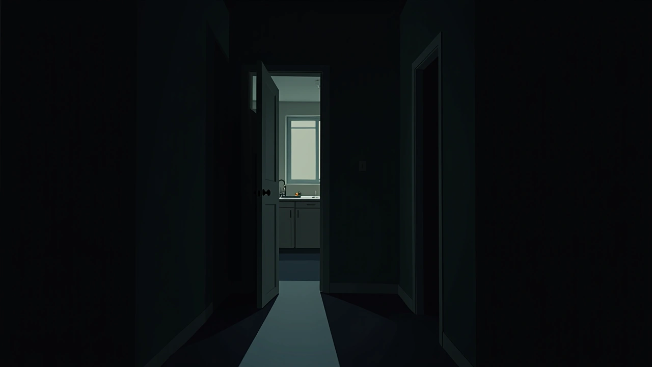 Illustration: a partially open door in a dim hallway with a kitchen visible beyond.