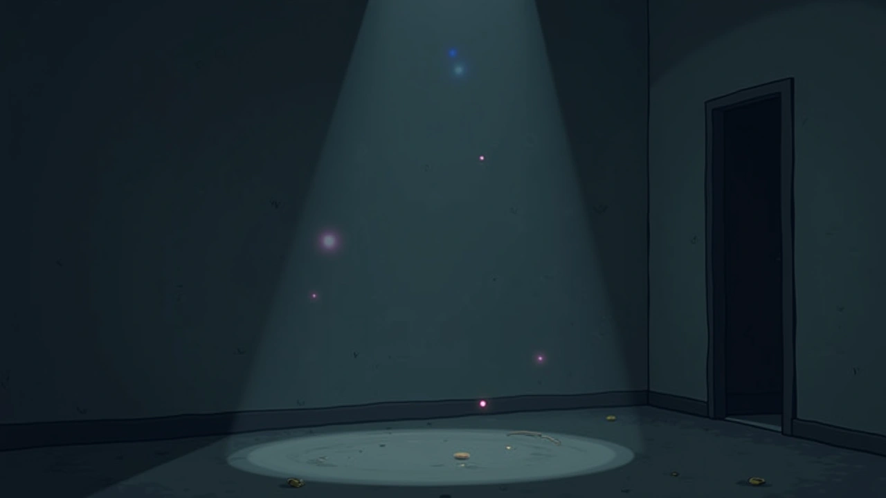 Illustration: faint coloured orbs of light drifting in a dim, quiet room at night.
