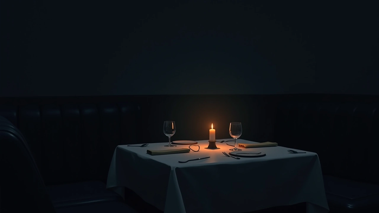 Illustration: A restaurant table set for two, softly lit in the evening.