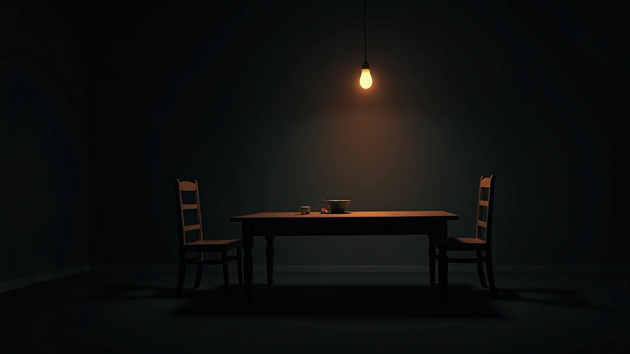 Illustration: A kitchen table mid-conversation, an empty chair pulled halfway out.