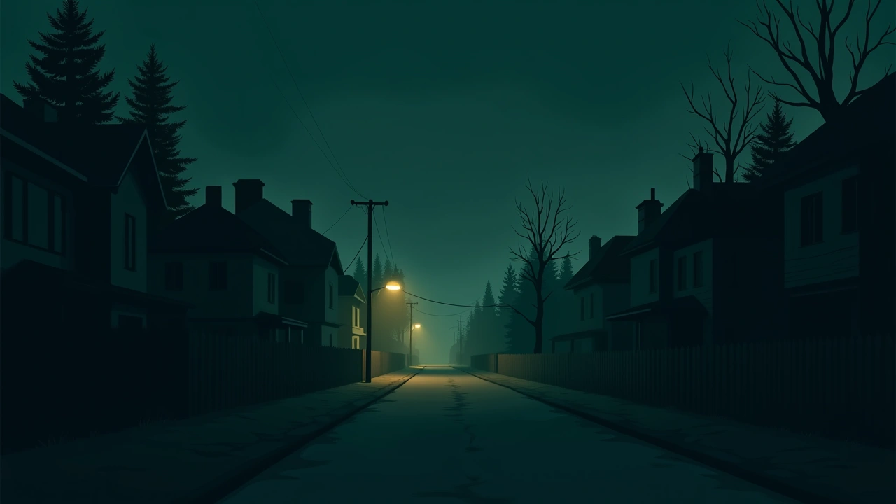 Illustration: a quiet street of old houses at night under a single street lamp.