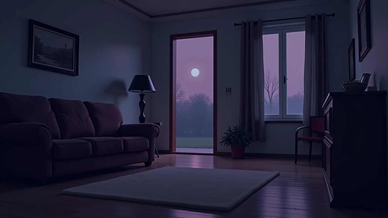 Illustration: the family room of a home, quiet and softly lit in the evening.