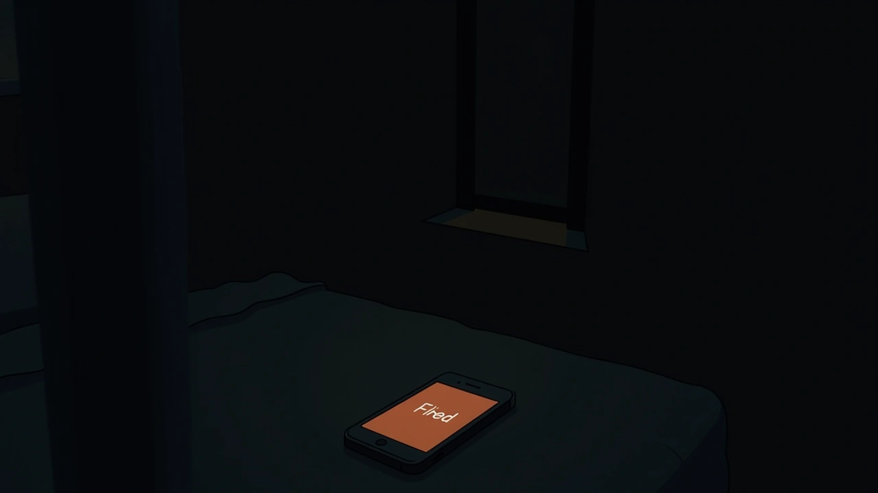 Illustration: a smartphone screen glowing with a single word displayed, in a dim room at night.