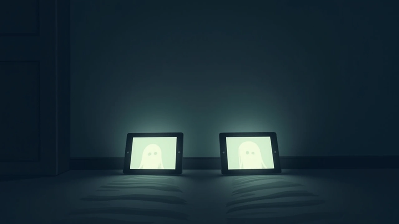 Illustration: two tablets glowing side by side in a dark room, each running a ghost-hunting app.