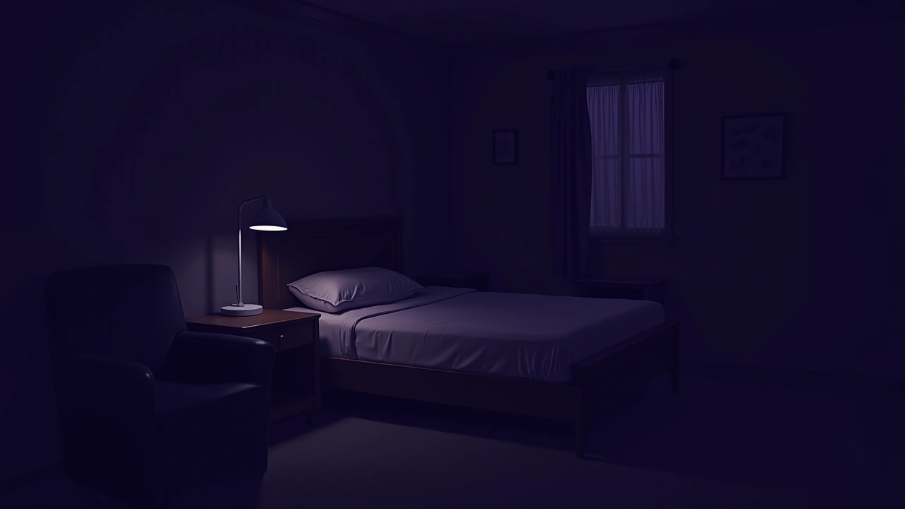 Illustration: an old hotel room at night, a small glowing device on the nightstand.