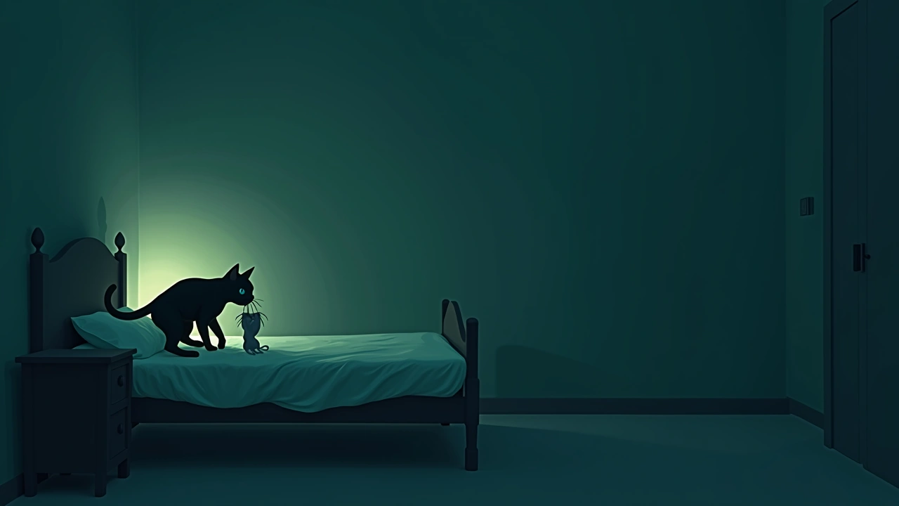 Illustration: a cat climbing onto a bed carrying something in its mouth, in a softly lit bedroom.