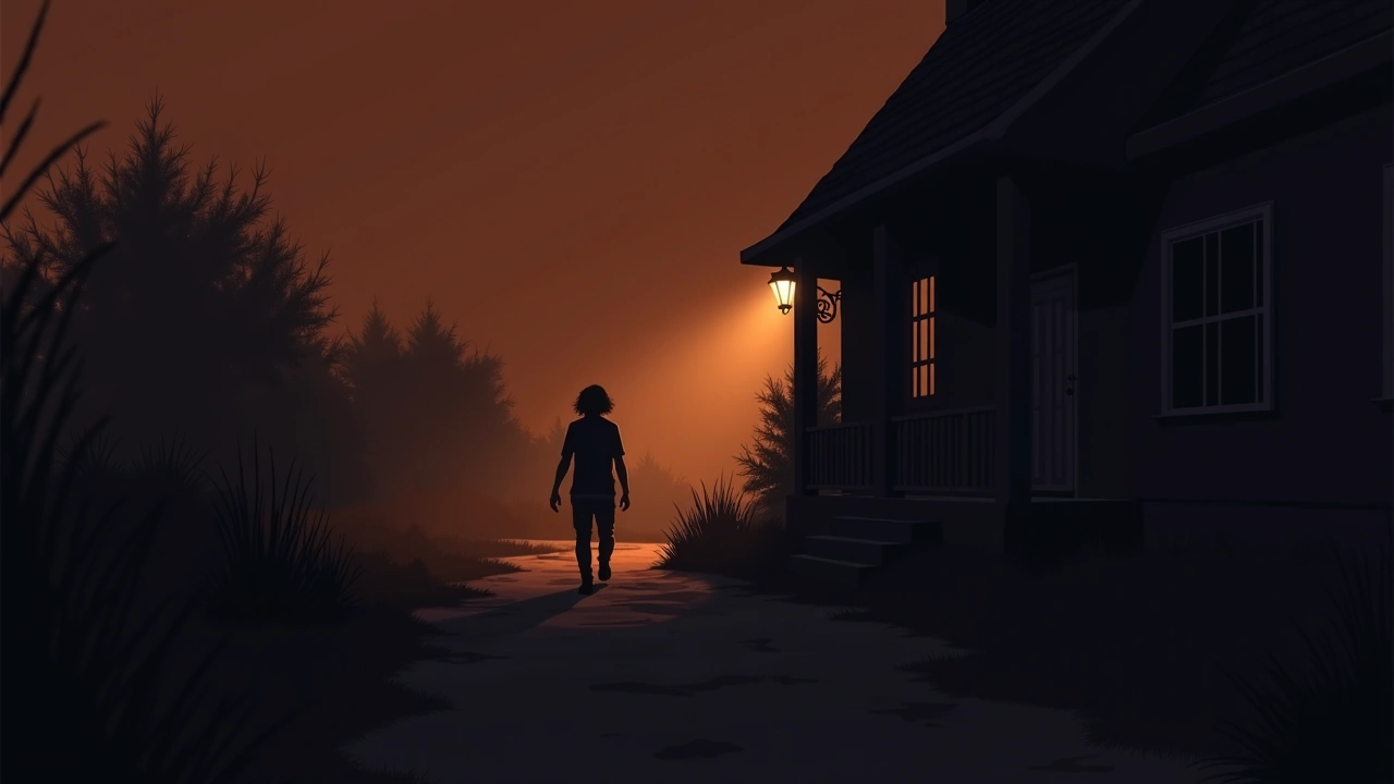 Illustration: a phone's signal meter glowing brighter as someone walks up to a darkened house at night.