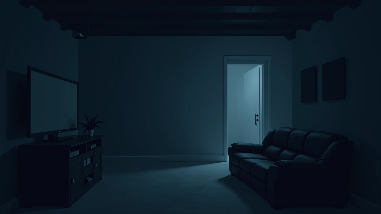 Illustration: a home garage converted into an entertainment room at night, a couch and PC glowing faintly in the dark.