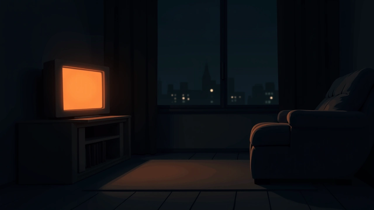 Illustration: a living room with a muted TV glowing quietly at night.