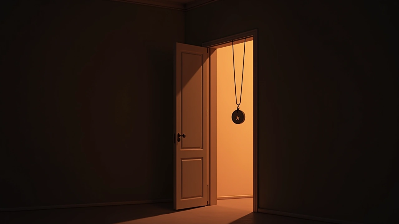 Illustration: a pendant necklace inside a bedroom closet.