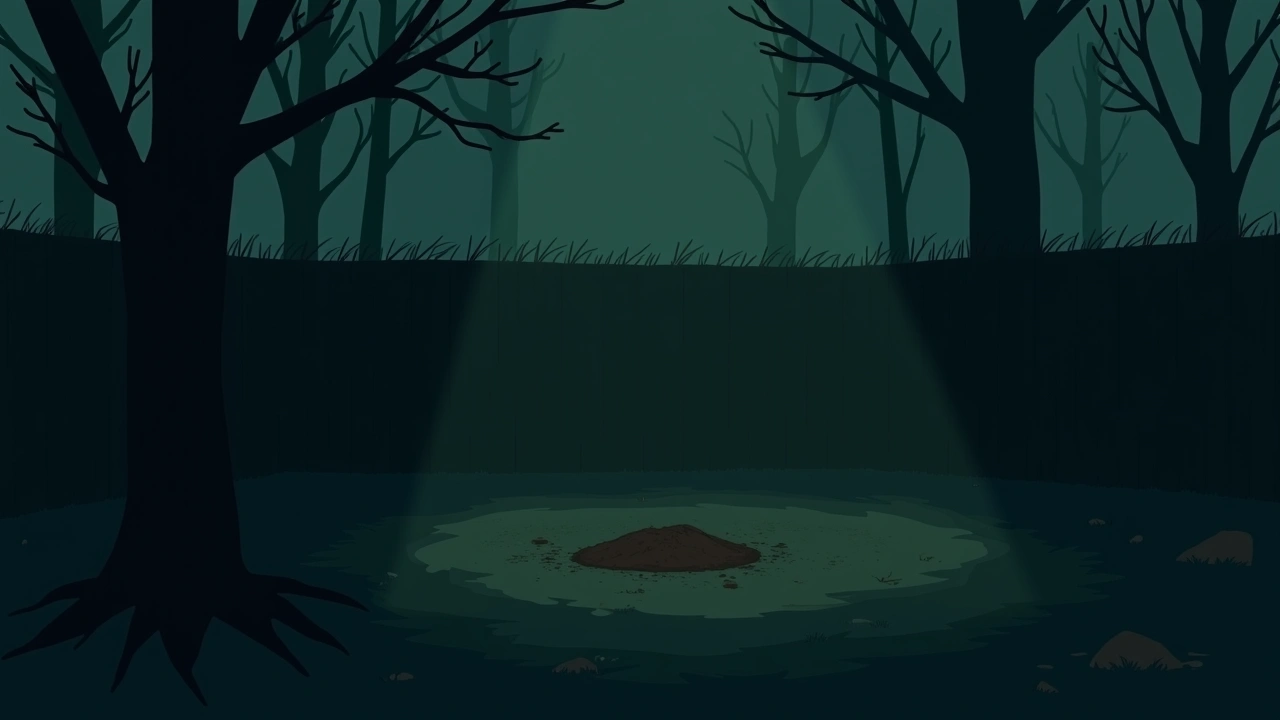 Illustration: a quiet backyard at dusk, a small patch of freshly turned soil near a fence.
