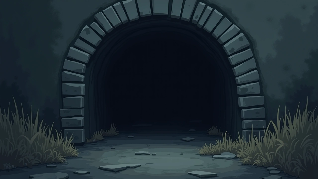 Illustration: an old mine shaft opening beneath a house foundation, dark and narrow.