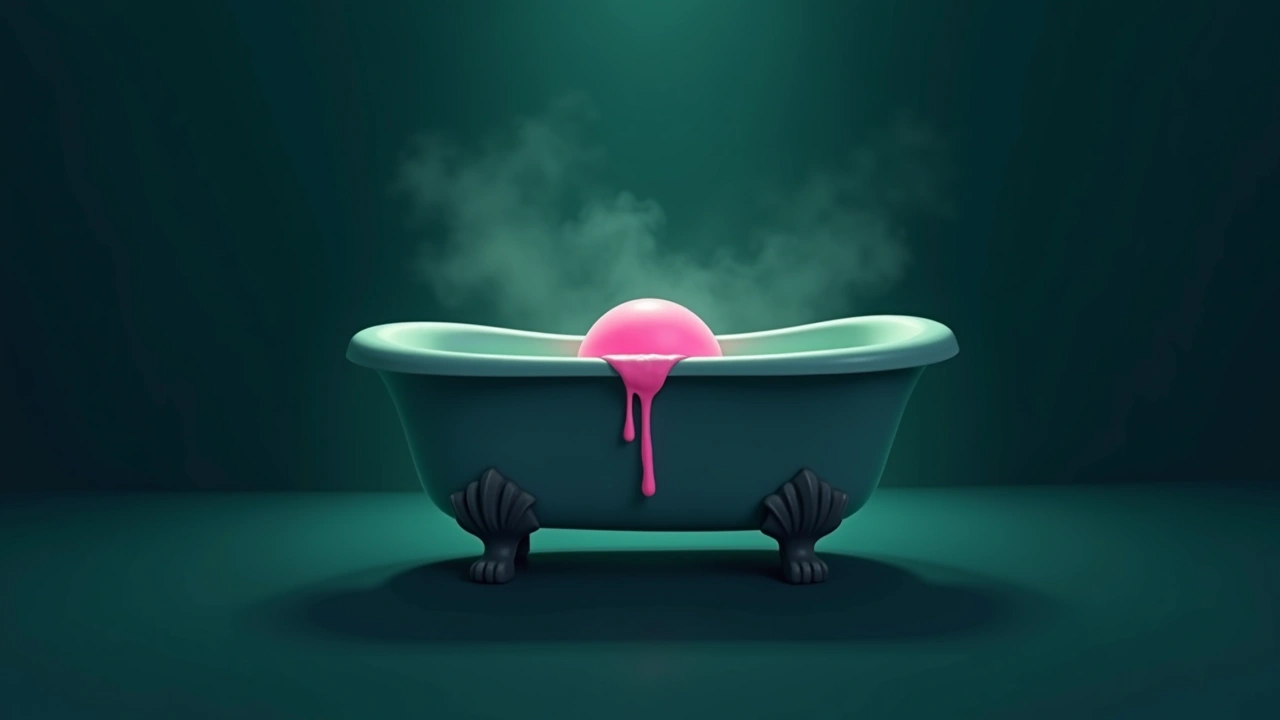 Illustration: a pink bath bomb dissolving in a softly lit bathtub.