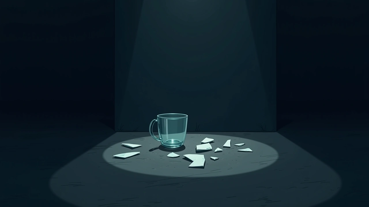Illustration: a broken glass shattered on the floor in a dim, quiet room.