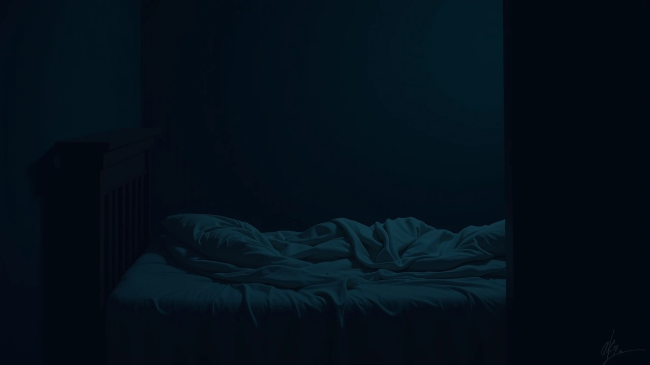 Illustration: a dim, quiet bedroom at night with rumpled blankets on an empty bed.