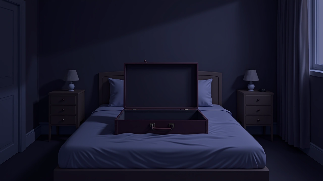 Illustration: An open suitcase on a bed in a dim bedroom.