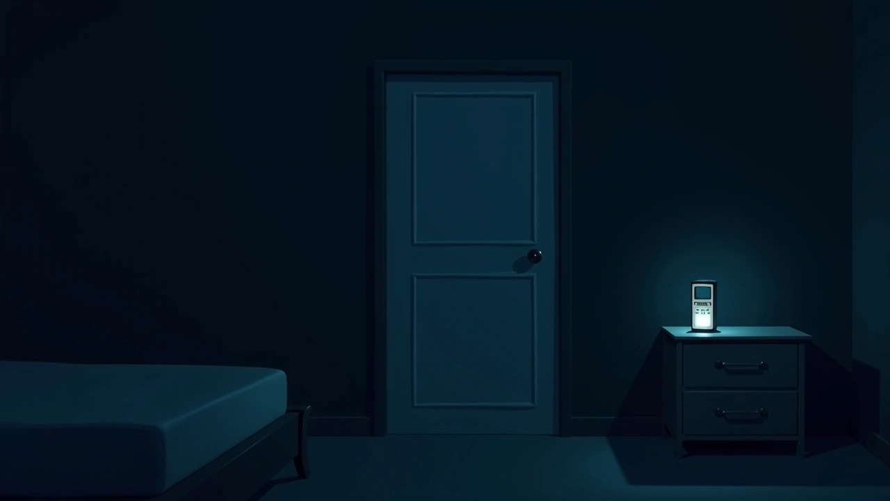 Illustration: a closed bedroom door at night, an EMF meter glowing on a nightstand beside it.