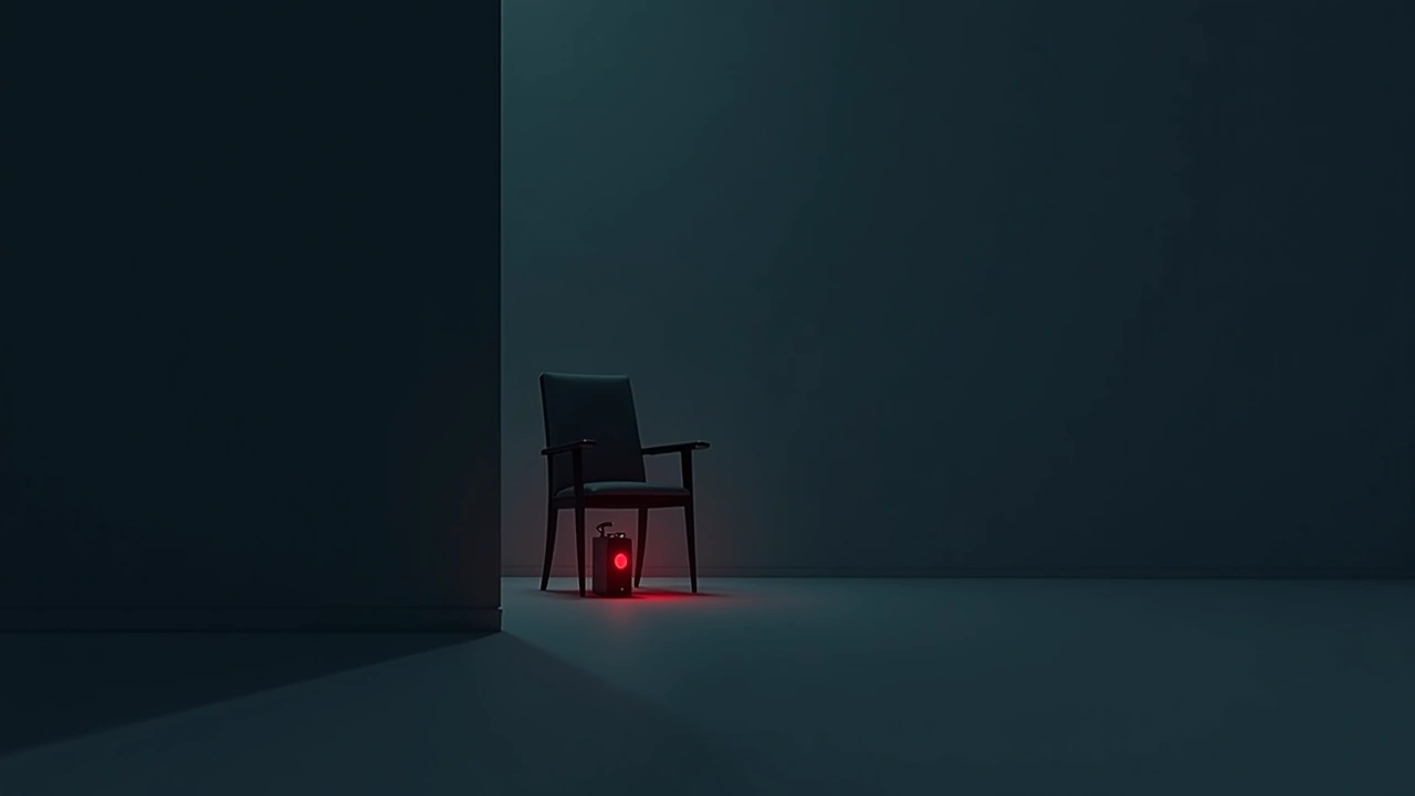 Illustration: a chair in a dim room, a device glowing deep red beside it.