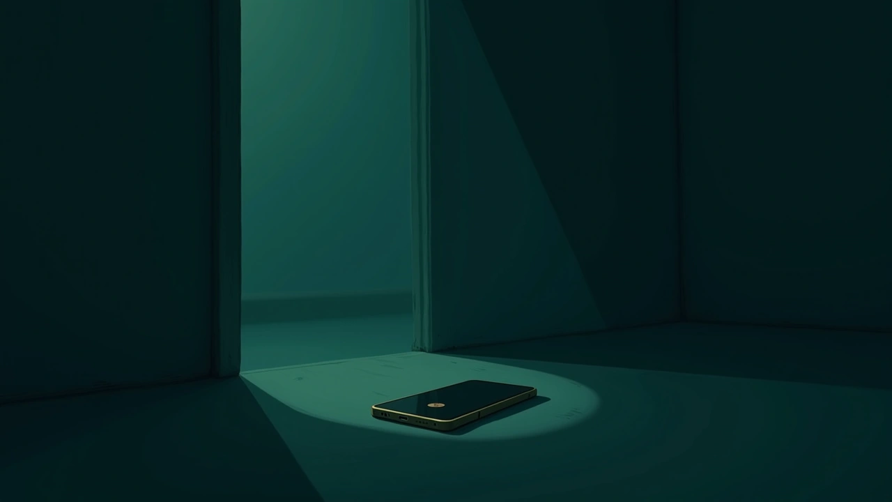 Illustration: a phone lying still in a dim, quiet room, its cameras covered.