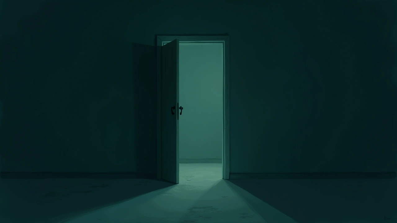 Illustration: a wooden door held shut in a dim room, faint light seeping through the gap.
