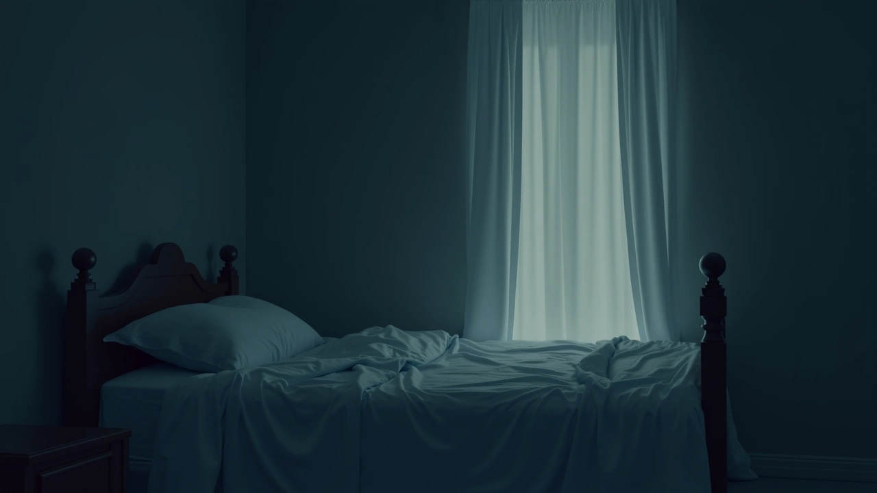 Illustration: a dim bedroom at night with rumpled bedsheets and curtains stirring in a faint draft.