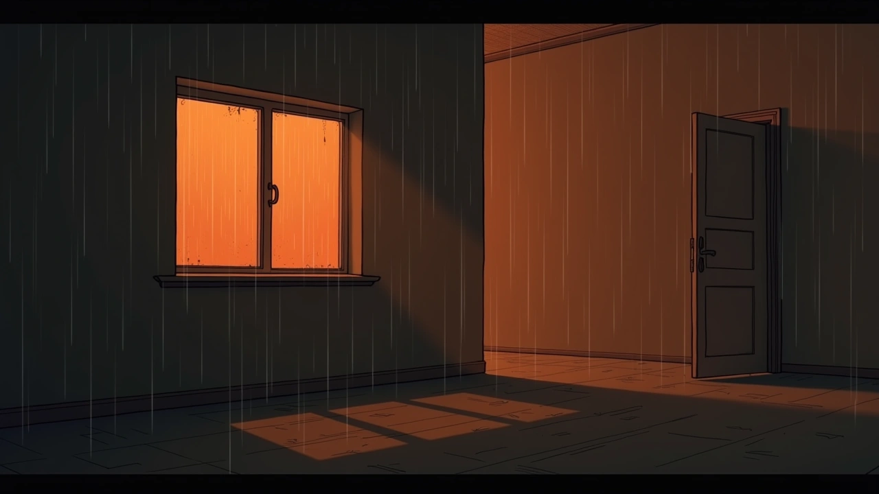 Illustration: rain streaking down a window that clears to afternoon sunlight.