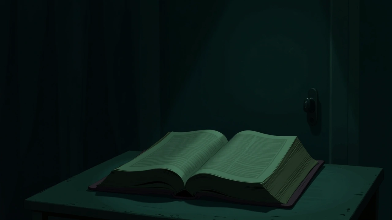 Illustration: a worn Bible open on a bedside table in a quiet, dim room.