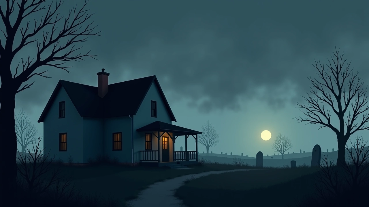 Illustration: a quiet family house at dusk, an old graveyard visible in the distance.