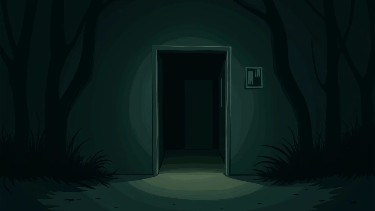 Illustration: a dim apartment building entryway at night.