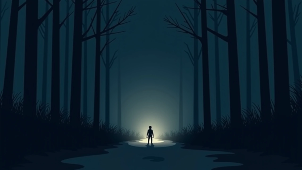 Illustration: a dark wooded trail at night lit only by a flashlight beam.