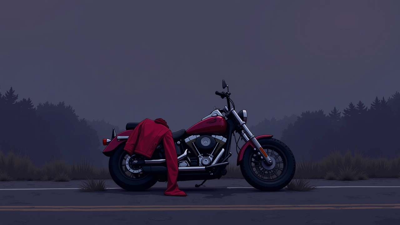 Illustration: A red motorcycle jacket draped over a crashed motorcycle at the roadside.