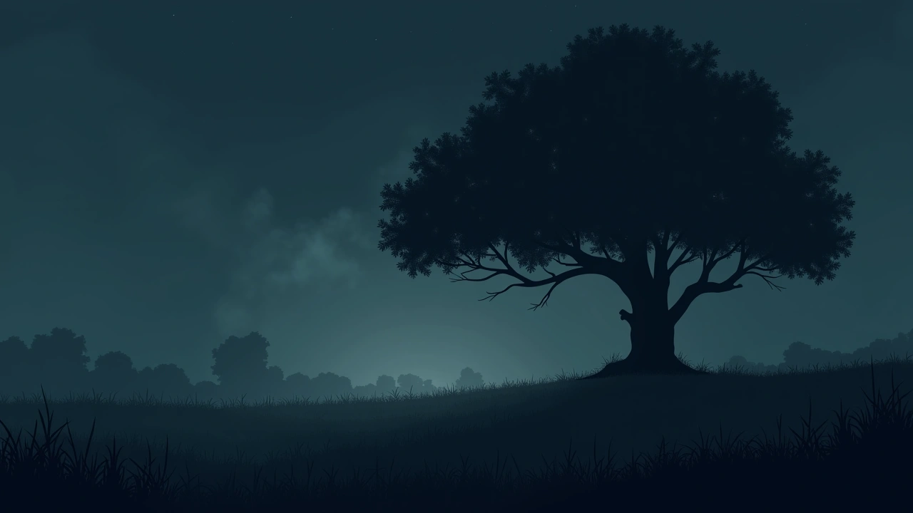 Illustration: a dark garden at night, a large tree looming over the grass.
