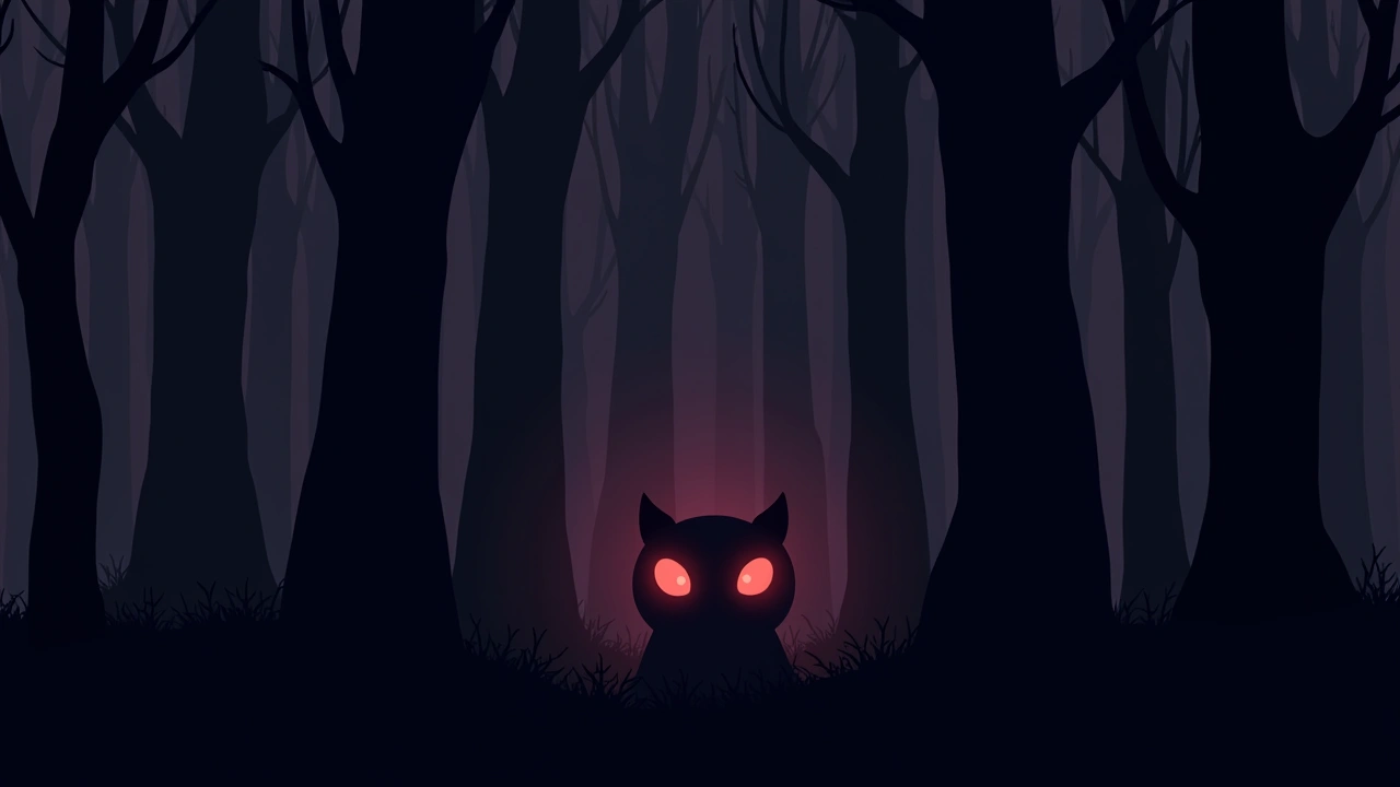 Illustration: dark woods at night with two glowing red eyes watching from among the trees.
